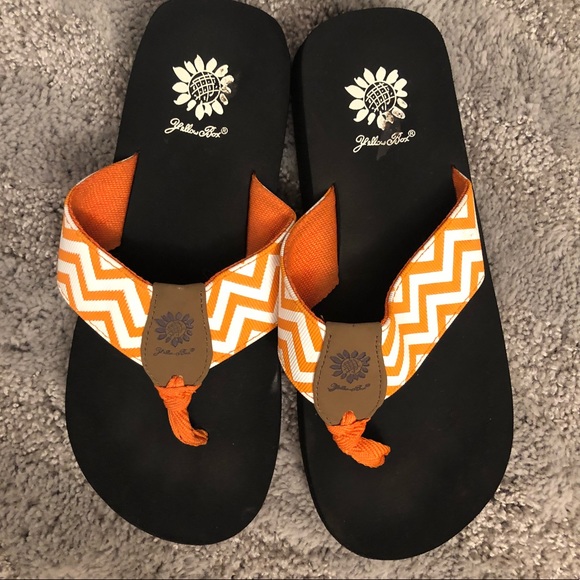 orange yellow box flip flops